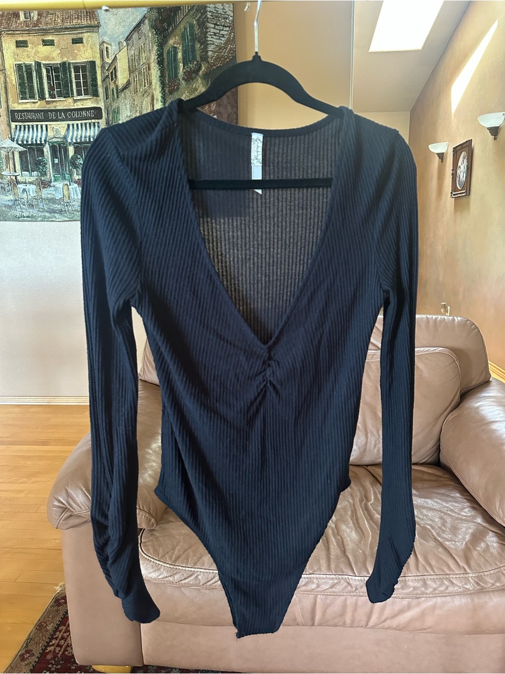 Free People Black Ribbed V-Neck Long-Sleeve Bodysuit
